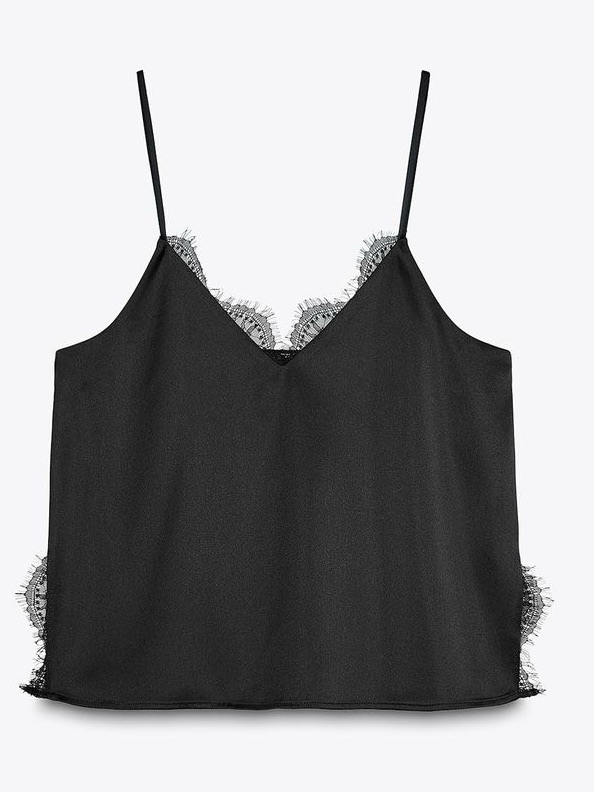 Zara Black Lace-Trim Satin Effect Cami